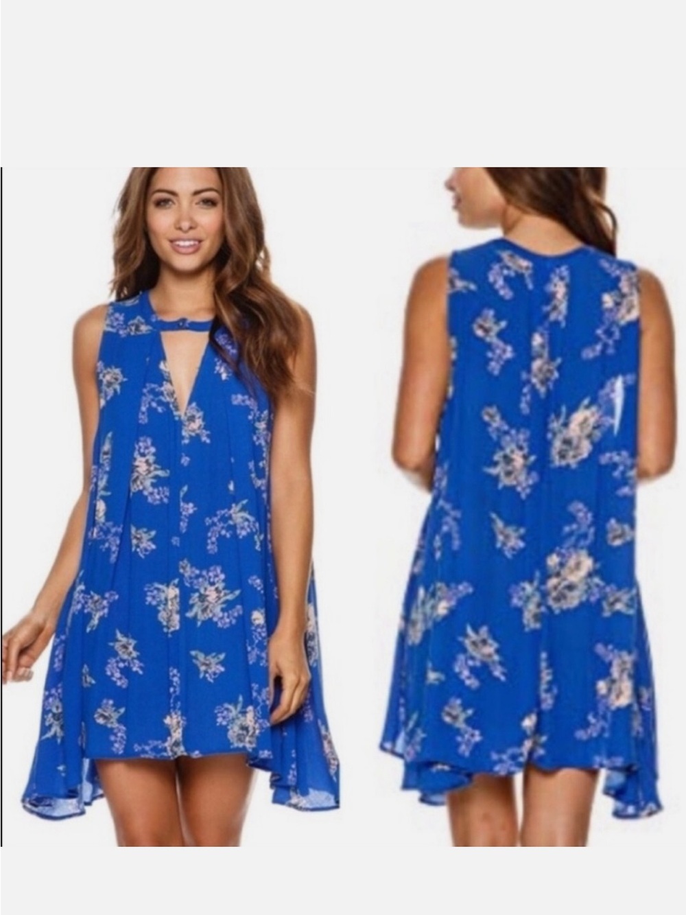 Free People Cobalt Blue Floral Key swing High-Low Keyhole Dress